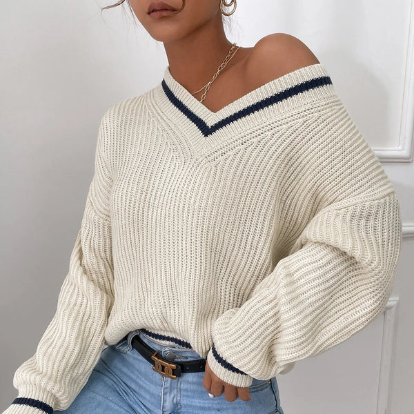 Cozy Winter Cable Knit V-Neck Preppy Sweater