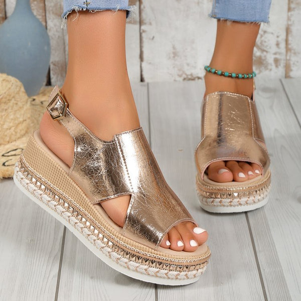 Shiny Hollow Fish Mouth Wedge Sandals