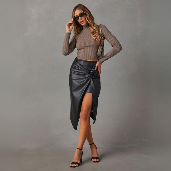 Women's Split Mid-length Leather Skirt