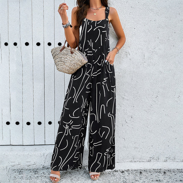 Fashion Print Square Neck Jumpsuit with Pockets