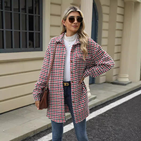 Enchanting Houndstooth Lapel Mid-Length Coat