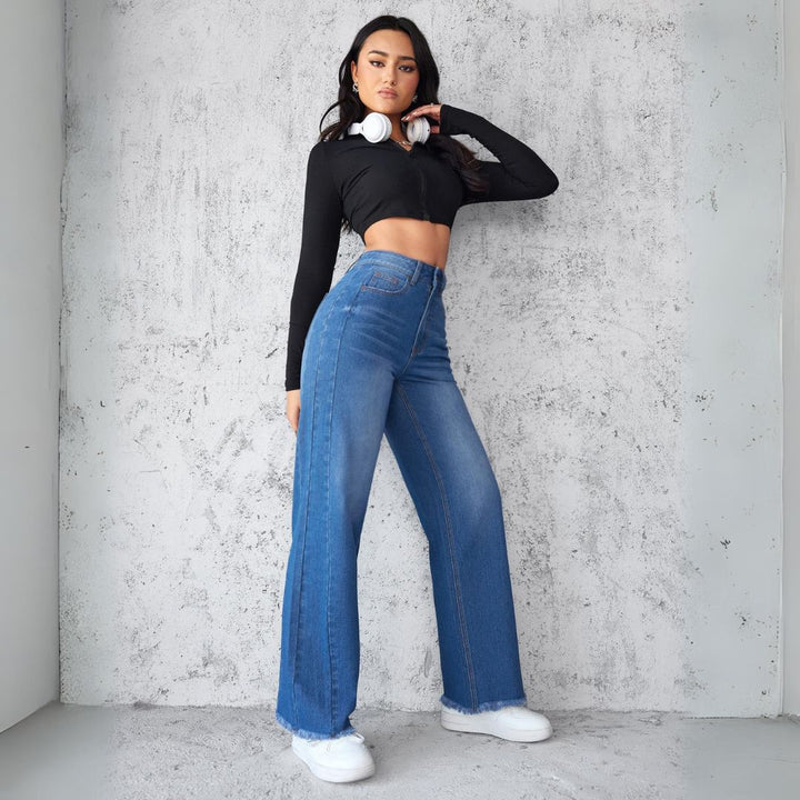 glamorea.com High-Waist Wide-Leg Casual Denim Jeans