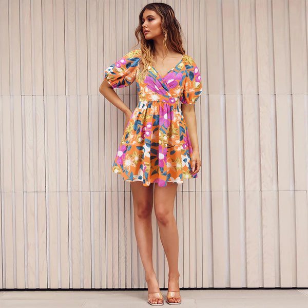 Floral Print V-Neck Lantern-Sleeve Dress